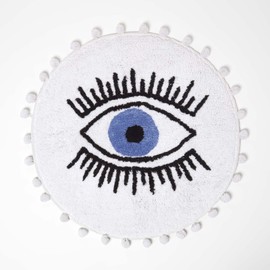 HOMESCAPES Cotton Eye See You Eye Bath Mat White Super Absorbent Tufted Round Bathmat with Pom Poms, 60 cm Round