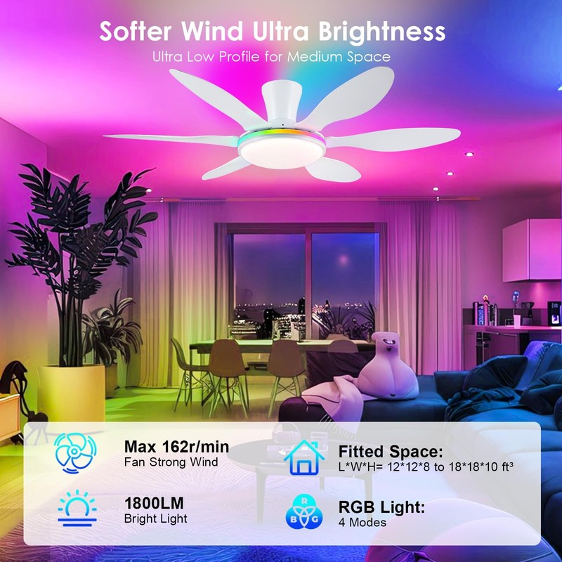 Ceiling Fans with Lights, 51 inch Modern White Low Profile