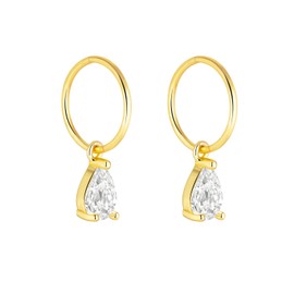 Serenity Sleepers 24K Gold Plated 925 Solid Sterling Silver Sleeper Huggie Hoop Charm Earrings For Women | Pear CZ | Dainty Zirconia Earrings