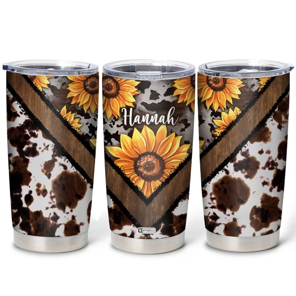 Hyturtle Personalized Sunflower Milk Cow Print 20oz Tumbler With Lid Valentines Day Birthday Cups Gifts For Her Girl Mothers - Rustic Cowhide Cow Print Themed Custom Name 20oz Stainless Steel Tumbler