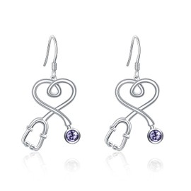 925 Sterling Silver Nurse Earrings Fish Hook Stethoscope Dangle Drop Earrings with Violet Purple June Birthstone Crystal Gift for Doctor Nurse RN Medical Student