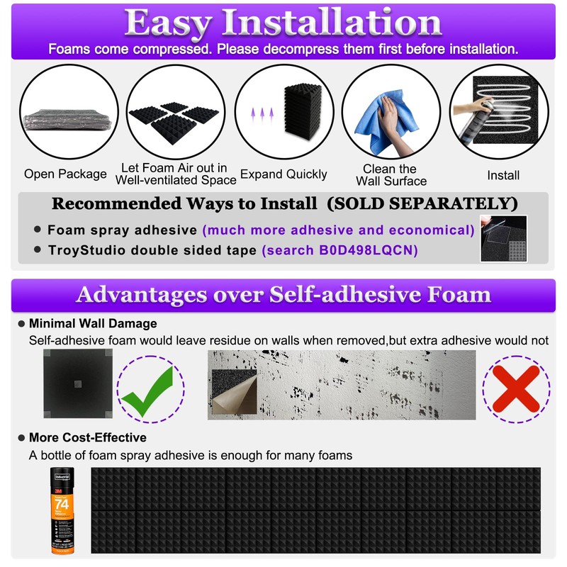TroyStudio Thick Acoustic Foam Panels, 12 X 12 X 2