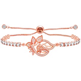Mayfaith Delicate Rose Gold Plated Imitation Diamond Flower Tennis Bracelet - Shiny Zirconia Adjustable Slider Bolo Clasp Tennis Bracelet, Gift for Valentine's Day, Mother's Day YA4802-rose gold