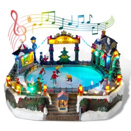 Christmas Village House Figurines Christmas Decor Estatua de la cabaña del Pueblo navideño Home Decoration Snow Globe Display Skating Pond Animated Christmas Theme Park with 8 Music (Skating XL)