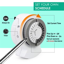 Clear Power 2-Pack Indoor Timer, 1 Polarized Outlet, 24 Hour Plug-in Mechanical Timer, Daily Cycle, Ideal for Lamps, Holiday Decor, Grow Lights, Aquarium, White, DCIT-00012P-DC