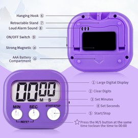 6 Pack Digital Kitchen Timer Magnetic Digital Timer with Big Display Loud Ring Cooking Timers for Kitchen Electronic Timers for Cooking, Game, Gym, Homework, Meeting, Break Timers, Classroom (Purple)