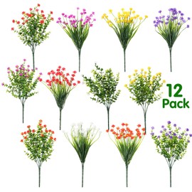 WILLBOND 12 Bundles Artificial Flowers Outdoor, UV Resistant Faux Artificial Plants Shrubs Plastic Flower Bulk for Hanging Planter Porch Window Home Spring Summer Decor(Multi Color)