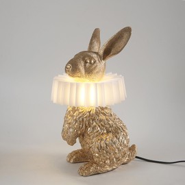 LAZHUG Scarf Rabbit Table Lamp,Resin Crafted Gold Bunny Lamp Featuring White Pleated PC Lampshade,USB Plug,Energy-Efficient Nightstand Lamp (Gold Standing)