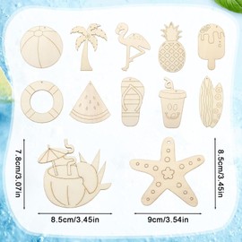 Yohuork 36pcs Summer Decorations, Set Beach Theme Wooden Cutouts for DIY Crafts, Tropical Decorations Ornaments with String Wood Slices Tag Decoupage for Hawaiian Luau Beach Party Supplies