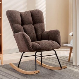 Ugijei Nursery Rocking Chair, Teddy Upholstered Glider Rocker with High Backrest Armchair, Modern Rocking Accent Chairs for Nursery, Living Room, Bedroom, Offices (Brown)