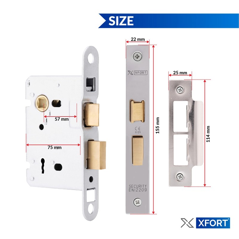XFORT® 3 Lever Polished Chrome Mortice Sashlock 75mm, Door Lock