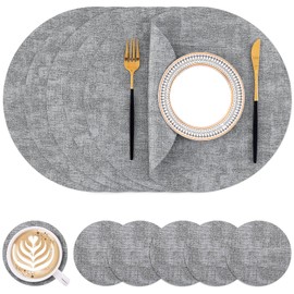 Homaxy Round Faux Leather Placemats and Coasters, Washable Dual-Side Table Mats, Wipeable Heat-resistand Dining Place Mats for Outdoor and Indoor, Set of 6, Diameter 13 and 3.93 inch, Light Grey