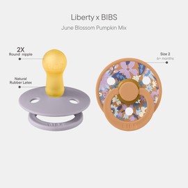 BIBS Liberty Pacifier | 2 Colour Natural Rubber Latex Soothers | Size 2 (6-18 Months) BPA Free Dummy Pacifier | Round Nipple | Designed & Made in Denmark | June Blossom Pumpkin Mix