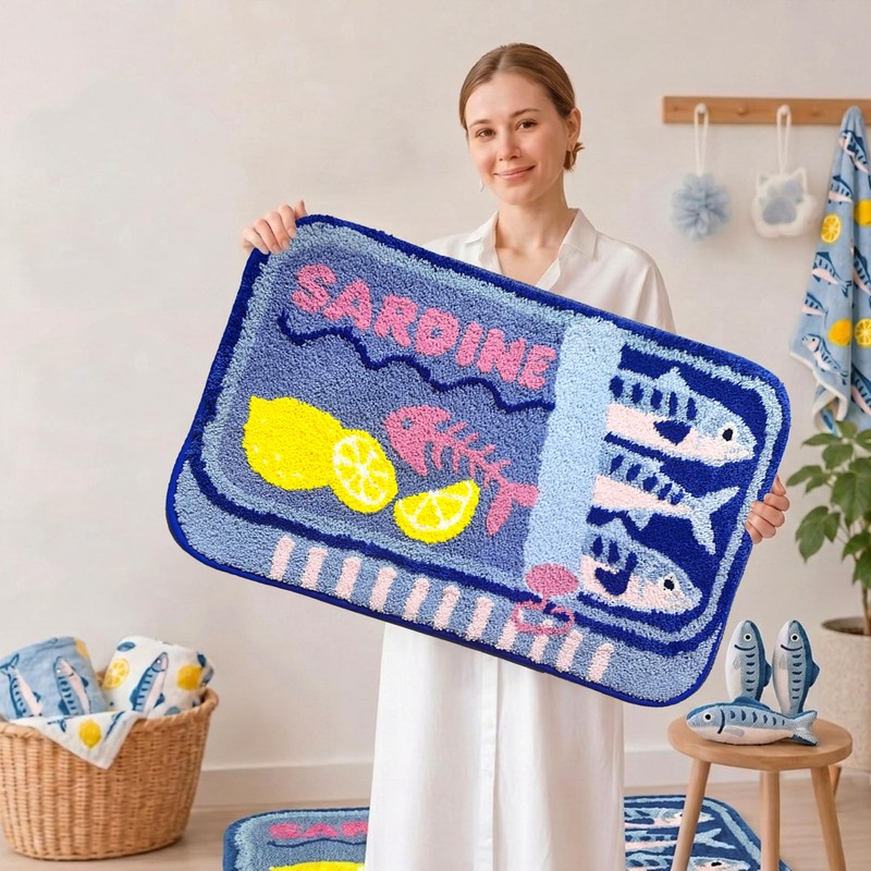 Mocsicka Sardine Bath Mat – Cute Funny Non-Slip Waterproof Blue