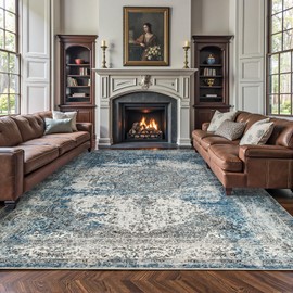 jinchan Area Rug 8x10 Washable Living Room Rug Vintage Traditional Distressed Lightweight Thin Retro Indoor Floor Cover Non Slip Floral Carpet for Bedroom Dining Room Bathroom Kitchen Office Blue