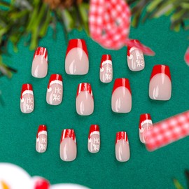 Fasle Nails for Christmas, Short Square Press on Nails with Glue Christmas 24pcs Red Fake Nails Long Lasting Thick Gift for Women and Girls (E, 24pcs)