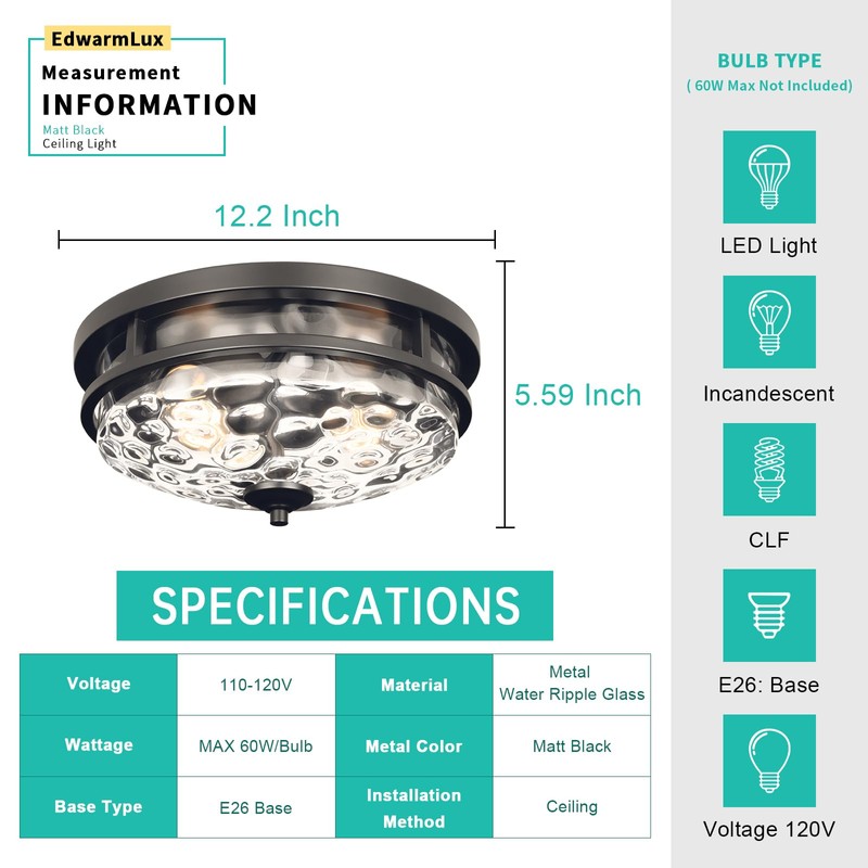 Edwarmlux Flush Mount Ceiling Lights, 2-Light Farmhouse Close to Ceiling