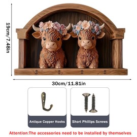 SWZY Highland Cow Key Holder for Wall,Brown Wooden Key Rack Key Hanger,Novelty Key Holder with 4 Wall Mounted Hooks for Hallway,Entryway,Bedroom Mudroom Living Room Farmhouse