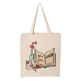 TeesAndTankYou Grow Your Mind Canvas Tote Bag Reusable Grocery Bag for Shopping and Travel (Natural)