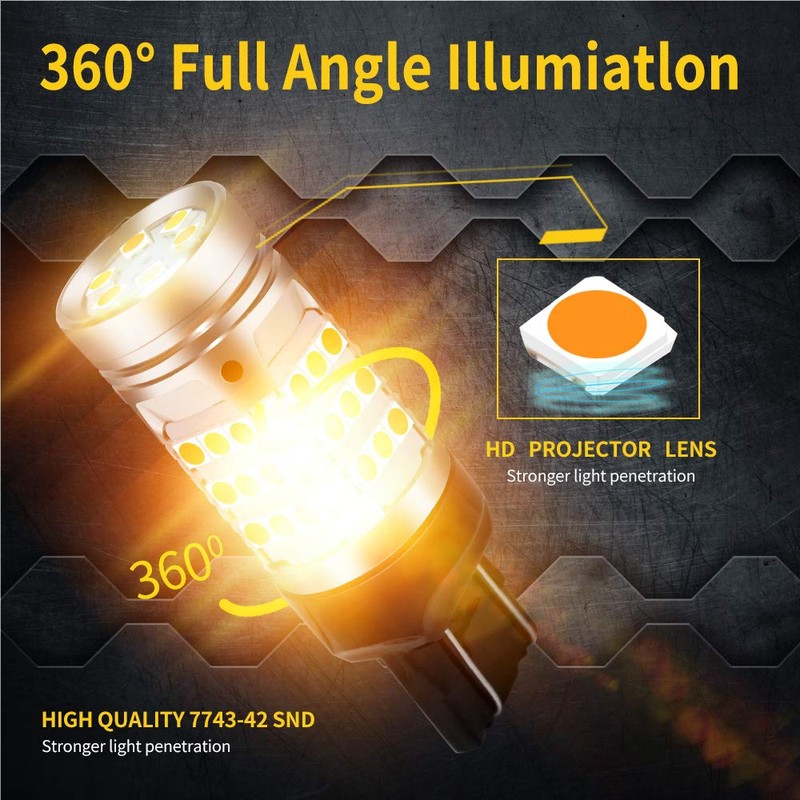 OPL5 2PCs 7443 Cabus Ready Error Free Switchback Amber LED