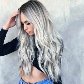 Darklove Peluca Larga De Mujer Color Gris Degradado Pelo Ola Natural