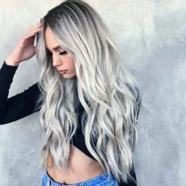 Darklove Peluca Larga De Mujer Color Gris Degradado Pelo Ola Natural
