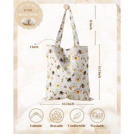Miss Adola Aesthetic Cotton Tote Bag for Women - Reusable Grocery Bag with Buckle White Flower Bee Fabric Shoulder Bag for Shopping, Gym, Travel, Work