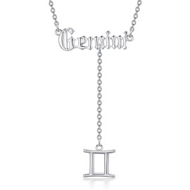 Gemini Zodiac Necklace 925 Sterling Silver 12 Constellation Lariat Necklace Old English Zodiac Sign Y-Shaped Pendant Necklace Horoscope Astrology Jewelry Gifts for Women