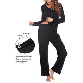 Ekouaer Women's Maternity Nursing Pajamas Set Long Sleeve Pregnancy Pajama Breastfeeding PJS Sleepwear Black Medium