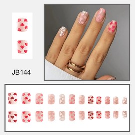 Valentine's Day Press on Nails Short Square Shapes 24Pcs Heart Glossy Full Cover Short Coffin Acrylic Fake Nails with Heart Designs Heart False Nails with Glue Stick on Fingernails for Women Girls