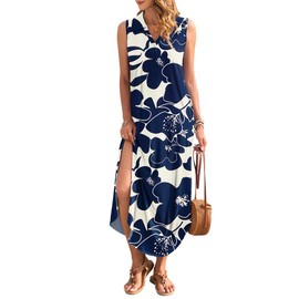 WNEEDU Summer Dresses for Women 2025 Maxi Dresses Casual Collared V-Neck Sleeveless Sundresses Split Beach Long Dress Travel Vacation Outfits,White Navy Flower XL