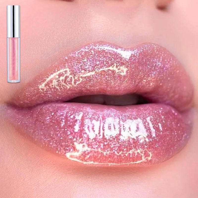 Glitter Lip Gloss, Diamond Shimmer Pink Lipgloss Pearlescent Liquid Lipstick,