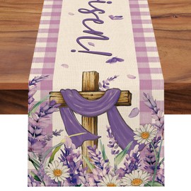 Croar He is Risen Easter Religious Cross Table Runner, Lavender Daisy Flower Purple Plaid Kitchen Dining Table Decoration, Spring Farmhouse Burlap Indoor Outdoor Home Decor Party Supply 13 x 36 Inches