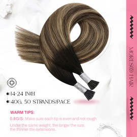 Moresoo Itip Human Hair Extensions Natural Black to Brown with Ash Blonde Ombre Itip Real Human Hair Extensions 16 inch Pre Bonded Hair Extensions Remy Hair Balayage Brown 40g/50s