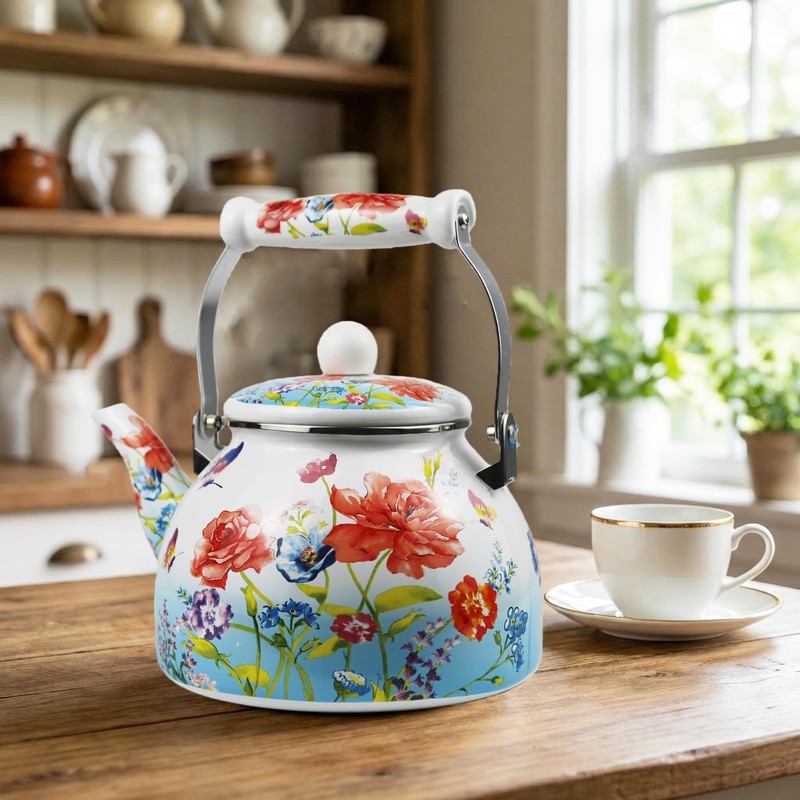 Butterfly Floral Enamel Tea Kettle, 2.5L Stovetop Teapot with Porcelain