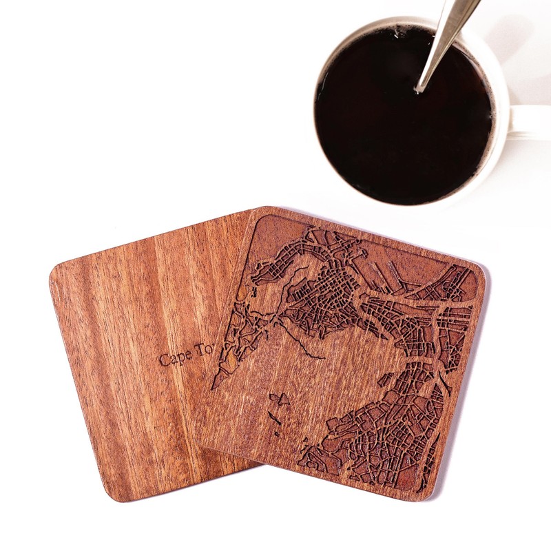 Cape Town Map, Sapele Wood Coasters, Set of 4, City