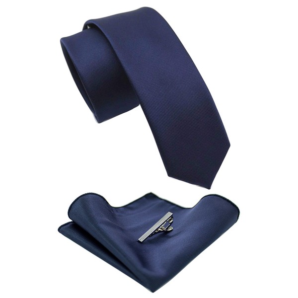 RBOCOTT 2.4" Navy Blue Skinny Tie and Pocket Square with