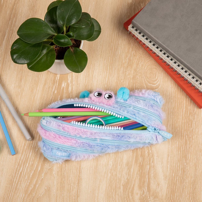 ZIPIT Furry Monster Pouch, One Long Zipper Pouch (Blue &
