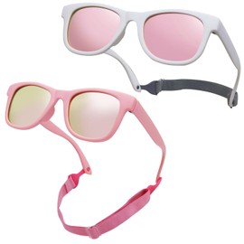 COOLSOME Kids Flexible Polarized UV400 Sunglasses with Strap For Boys Girls Toddler 0-10, White+pink/Mirrored(2-4 Yrs), toddler/42mm