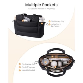 LOVEVOOK Tote Bag for Women with Giant Tumbler Holder Pocket, Puffer Work Travel Handbag with Zipper for Nurse Teacher, Quilted Cute Laptop Shoulder Purse with Compartments for Office Gym, Black