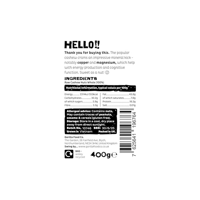 Gorilla Food Co. Cashew Nuts Whole - 400g