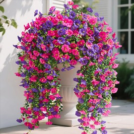 Serwalin Artificial Hanging Flowers for Outdoors Decoration, 4PCS UV Realistic Resistant Fake Silk Artificial Plants Outdoor for Porch Patio Balcony Indoor Planter Yard Decor (Purple&Rose Pink,4PCS)