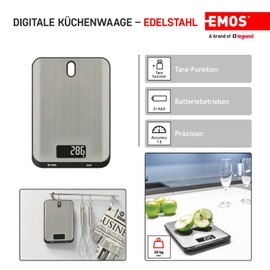 EMOS digitale Küchenwaage mit Wandhalterung, elektronische Edelstahl-Haushaltswaage bis zu 10 kg, beleuchteter LCD-Display, wiegt in g, kg, ml, oz, lb, tl, inkl. Batterien