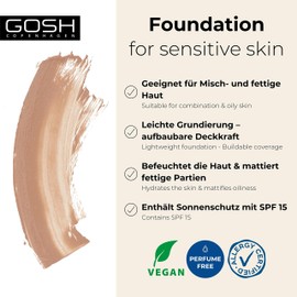 GOSH Foundation with SPF 15 for Light & Dark Skin, Vegan, Mattifying Makeup for Dry, Sensitive & Oily Skin, Smudge-proof and Sweat-Proof, Oil-Free, Coverage Adjustable, No Mask Effect, 012N
