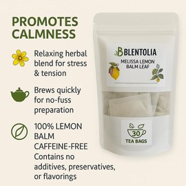 Blentolia Lemon Balm Tea – Melissa Officinalis Herbal Tea Bags – Calming & Soothing – 100% Natural Leaves – 30 Caffeine-Free Tea Bags