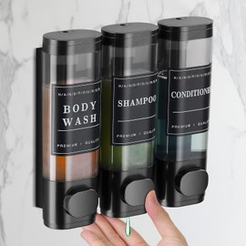 DEECOZY Shampoo and Conditioner Dispenser, 300ML Shower Soap Dispenser, 3 Chamber No Drill Wall-Mounted Shampoo Dispensers, Body Wash Dispensers for Bathroom Hotel Kitchen Black