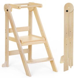 Foldable Toddler Tower, 3 Adjustable Height Toddler Standing Tower, Wooden Toddler Kitchen Stool Helper with Safety Rails, Space Saving Kids Step Stool - Ages 18 Months to 6 Years