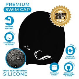 Long Hair Dreadlock Swim Cap – Silicone Swimming (Black, X-Large)