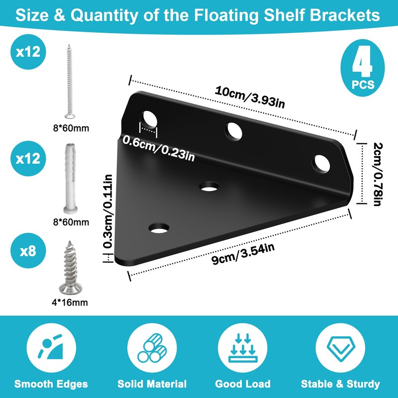 Pack of 4 Shelf Brackets, Invisible Shelf Brackets, Triangle Shelf