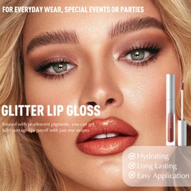 Wugbc Brown Glitter Lip Gloss Metallic Liquid Lipstick, Long Lasting Moisturizing Transfer-Proof Shimmer Lip Gloss for Women | Lightweight Non-Sticky Highly Pigmented Lipcolor for Everyday Wear